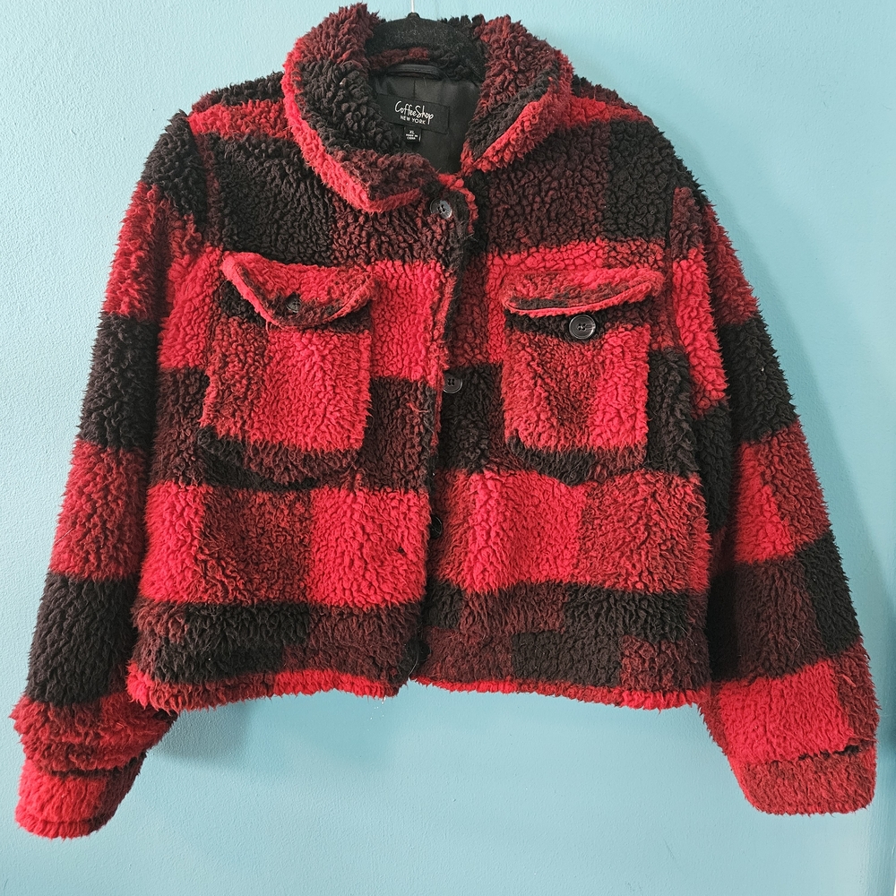 Cozy Red and Black Buffalo Plaid Cropped Sherpa Jacket